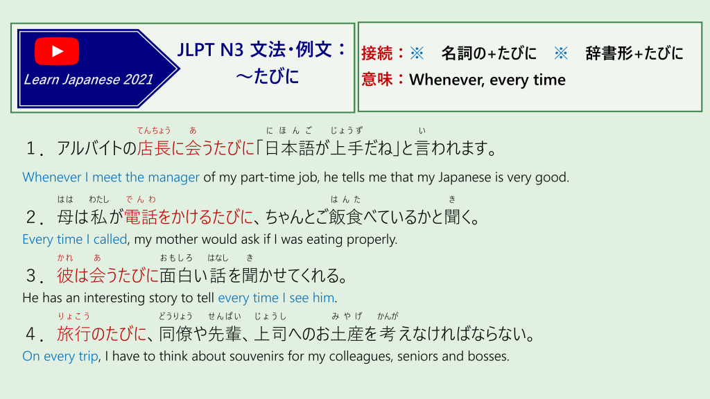 JLPT N3 文法・例文：～たびに
