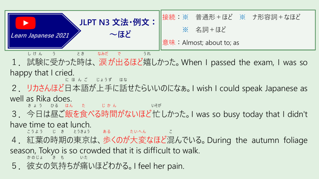 JLPT N3 文法・例文：～ほど