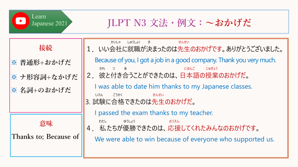 JLPT N3 文法・例文：～おかげだ
