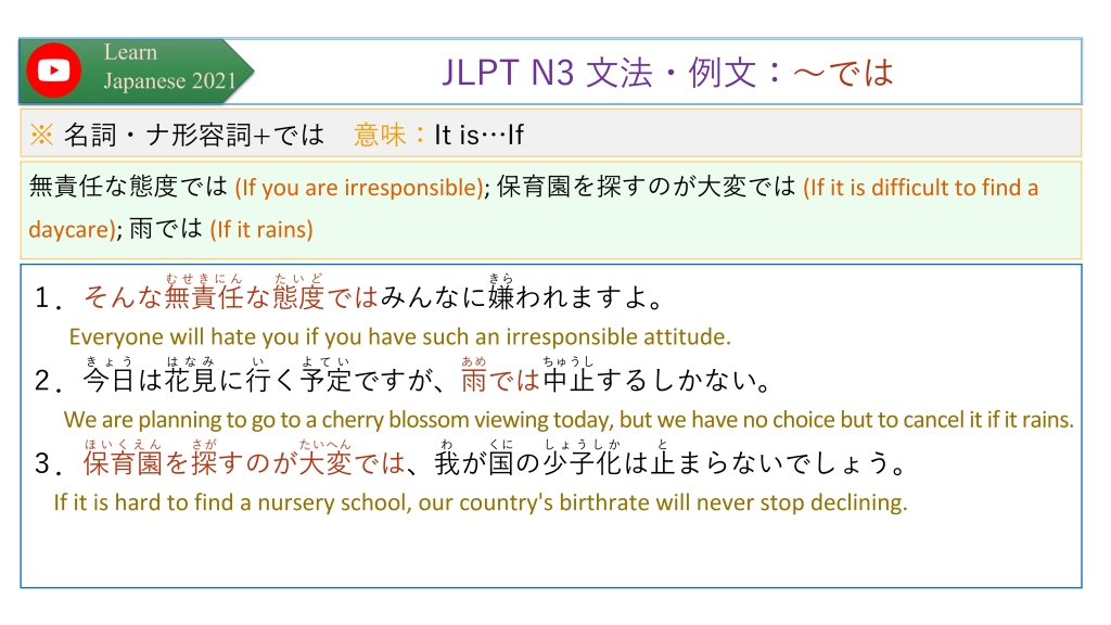 JLPT N3 文法・例文：～では