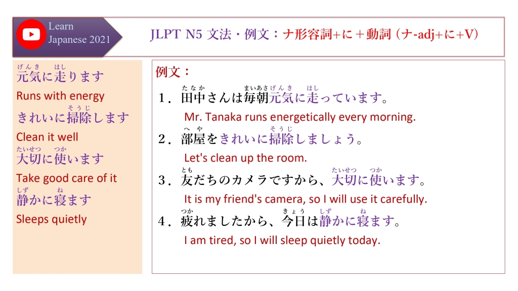 JLPT N5 文法・例文：ナ形容詞+に＋動詞 (ナ-adj+に+V)