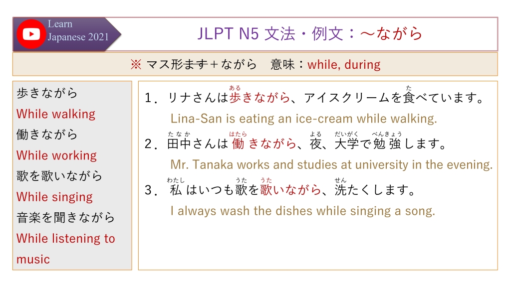 JLPT N5 文法・例文：～ながら