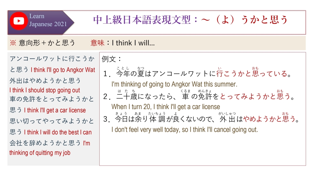 中上級日本語表現文型：～（よ）うかと思う