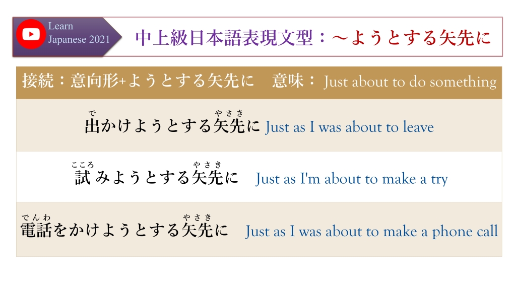 中上級日本語表現文型：～ようとする矢先に