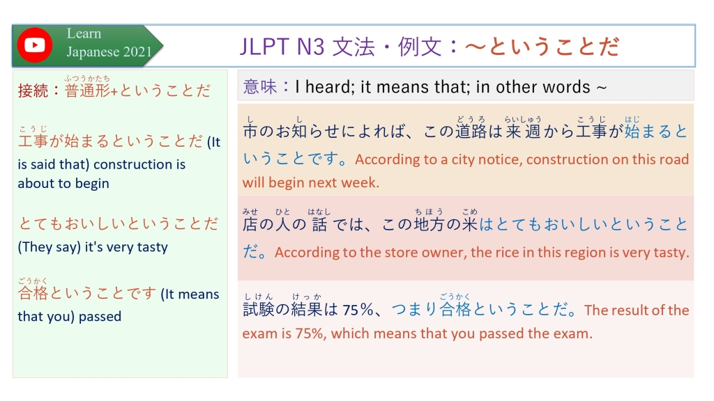 JLPT N3 文法・例文：～ということだ