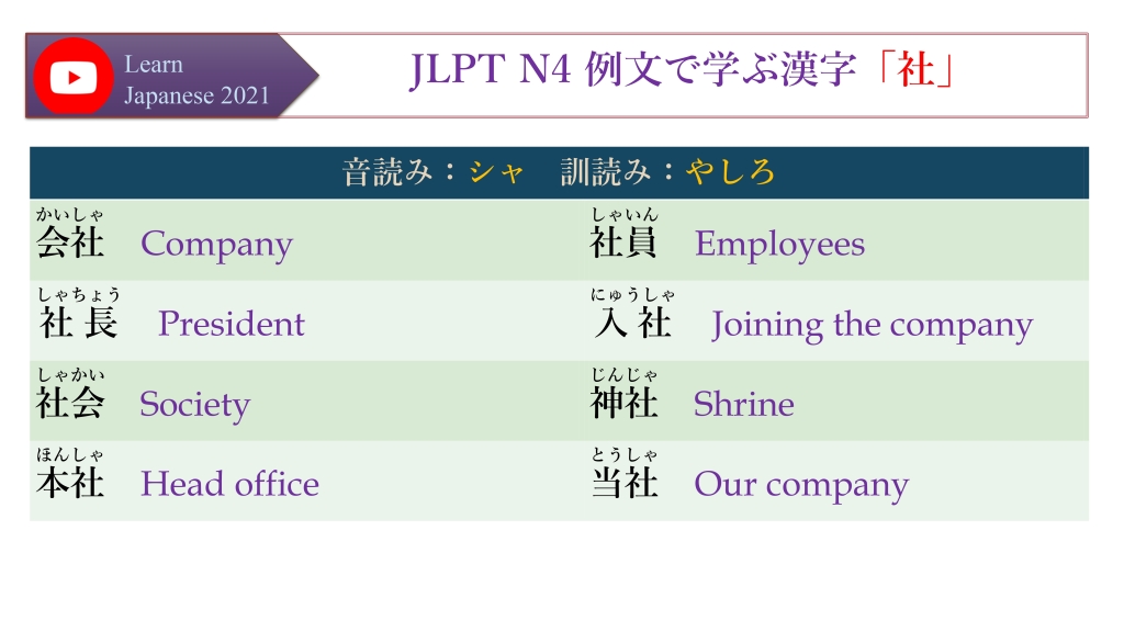 JLPT N4 例文で学ぶ漢字「社」